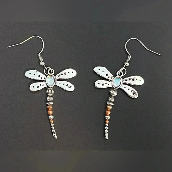 Hypoallergenic Silver & Rose Gold Tone Dragonfly Drop Hook Earrings NEW - Picture 1 of 2